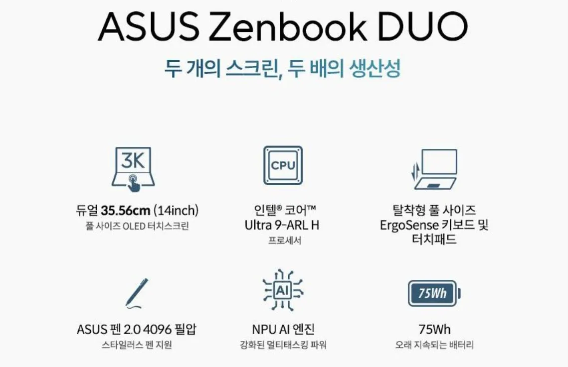 에이수스 2025 젠북 듀오 14 코어Ultra9: 듀얼 스크린으로 완성하는 압도적 생산성 분석 6 에이수스 2025 젠북 듀오 14 코어Ultra9, 바... 4